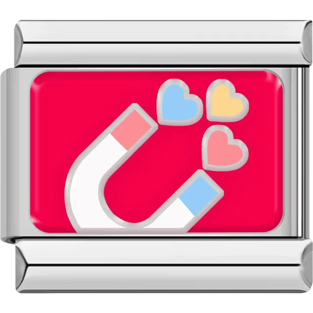 Magnet attracting colorful hearts in blue, yellow, and pink on a bright red background